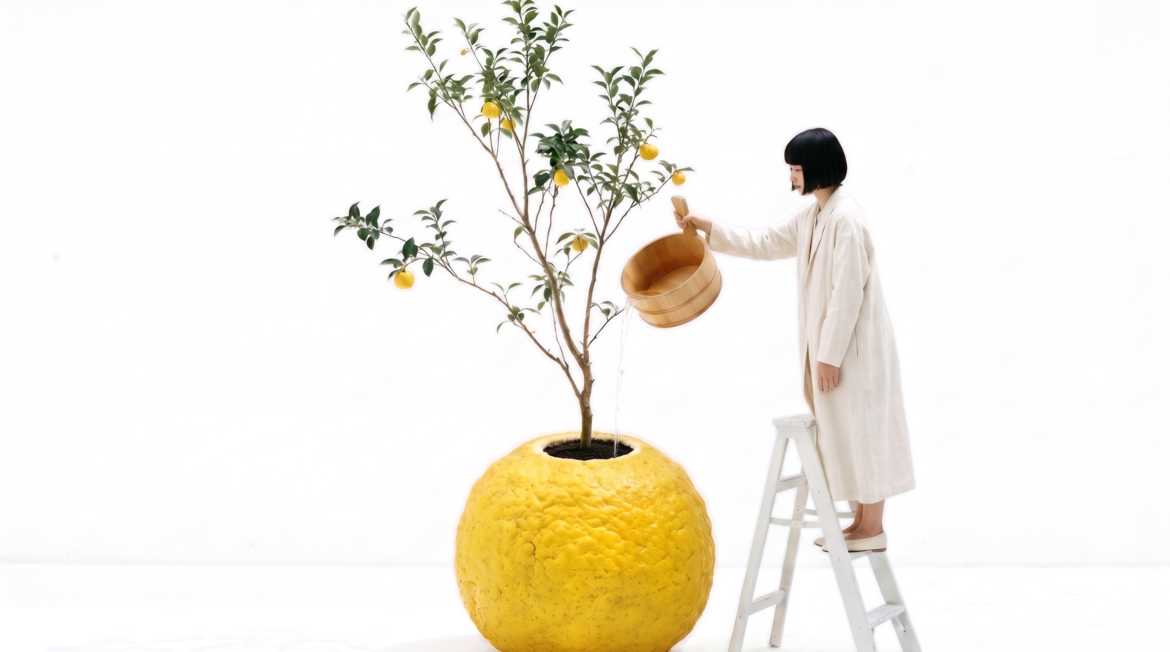 A woman on a white step ladder waters a yuzu tree growing out of a giant yuzu, pouring from a wooden bath bucket